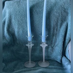 VINTAGE SET OF 2 FROSTED GLASS AND REGULAR GLASS TAPER CANDLE HOLDERS
